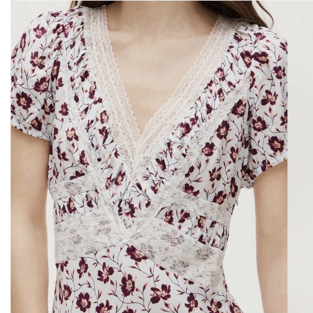 Floral coquette cottagecore puff sleeve lace trim midi dress